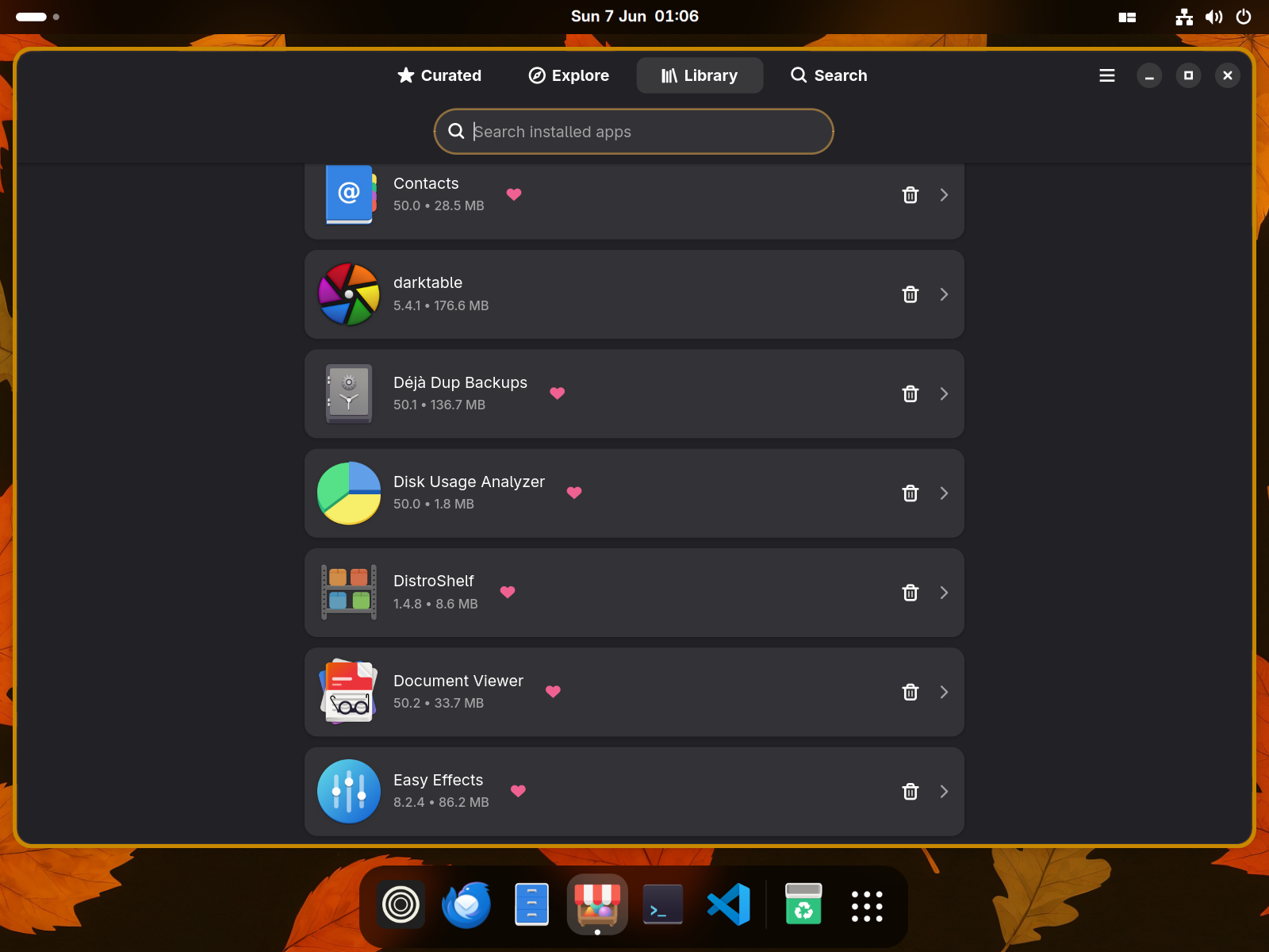Bazaar Installed tab listing the user's apps with Remove buttons