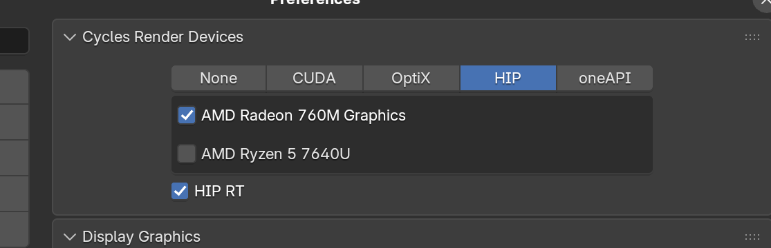 Blender preferences showing the AMD GPU enabled under Cycles HIP render devices
