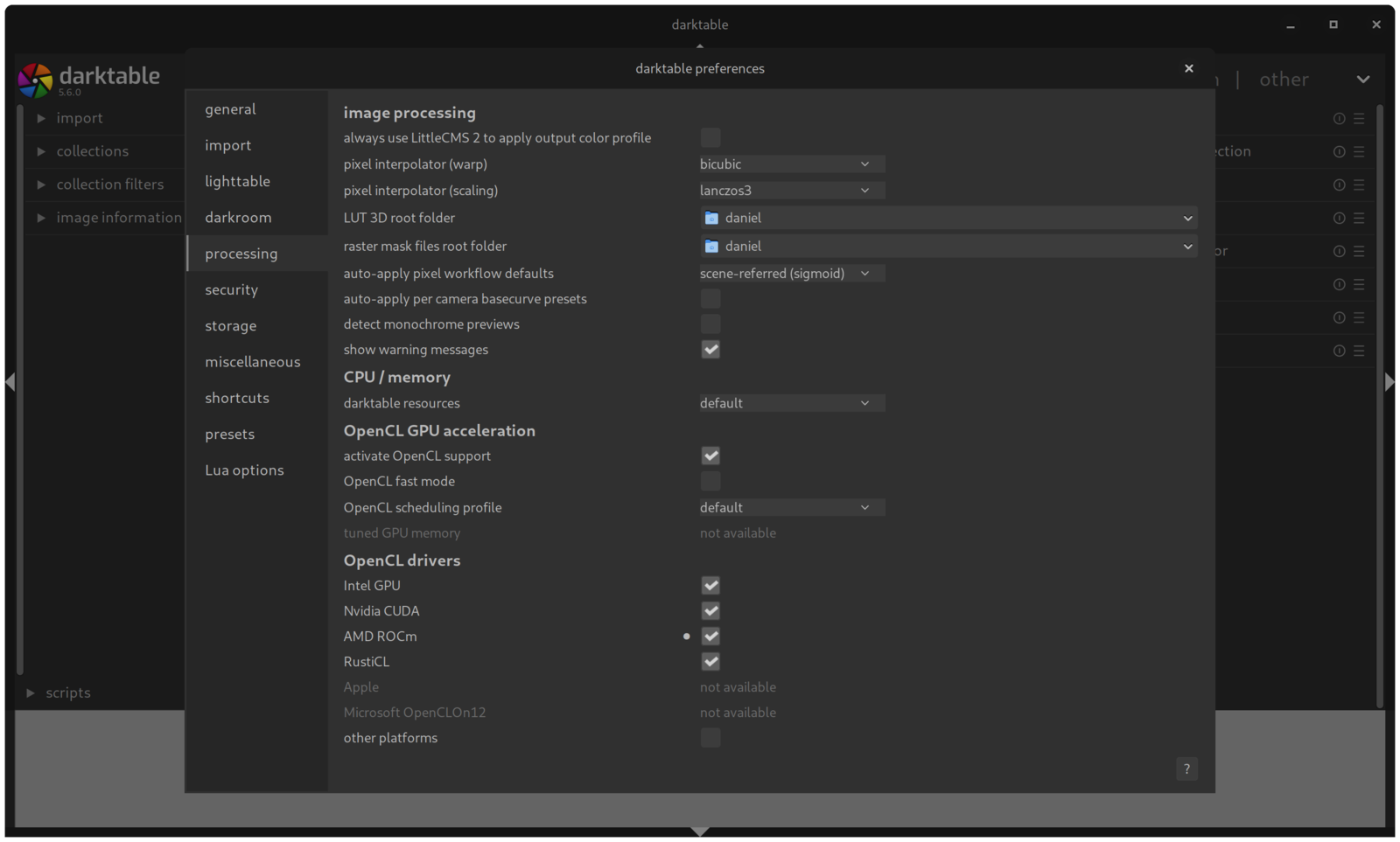 darktable OpenCL preferences with activate OpenCL support enabled