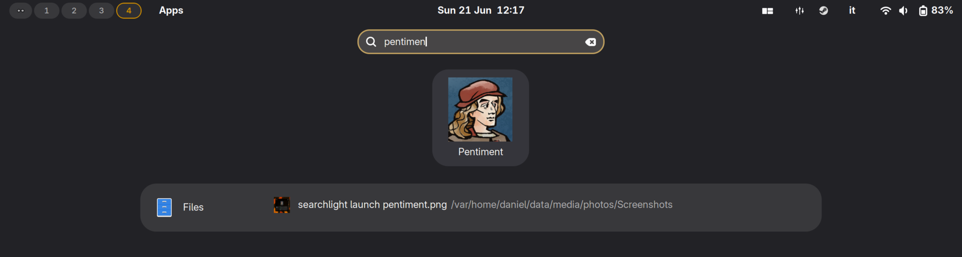 Launching Pentiment from the GNOME search
