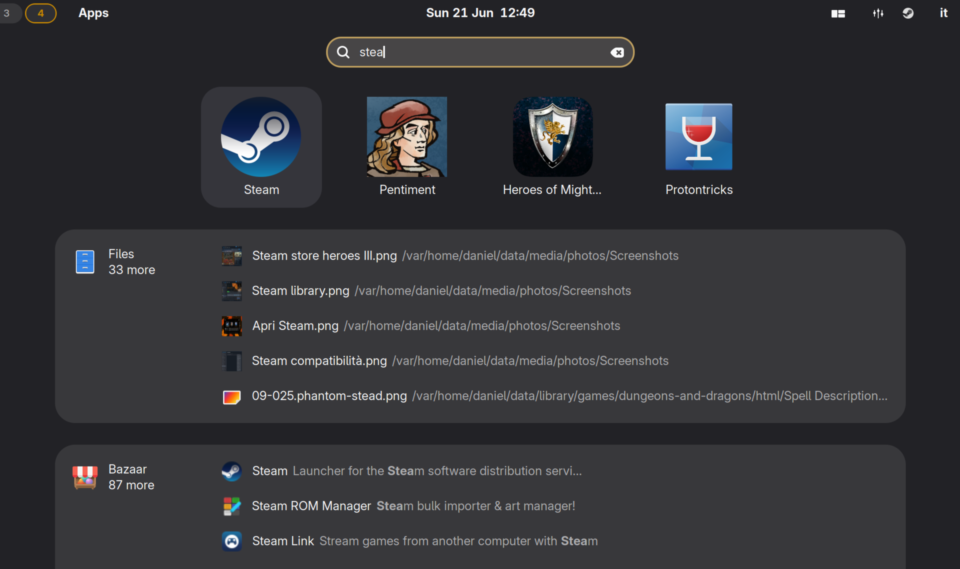 GNOME search with "ste" typed, showing the Steam result