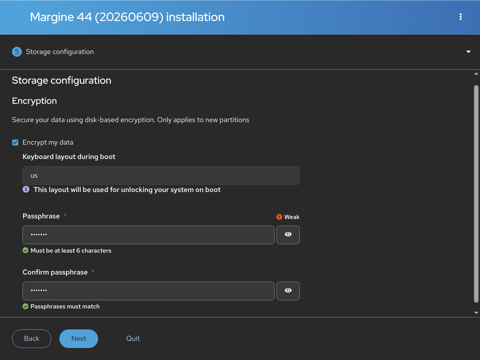 Anaconda Web UI storage configuration with the Encrypt my data box ticked
