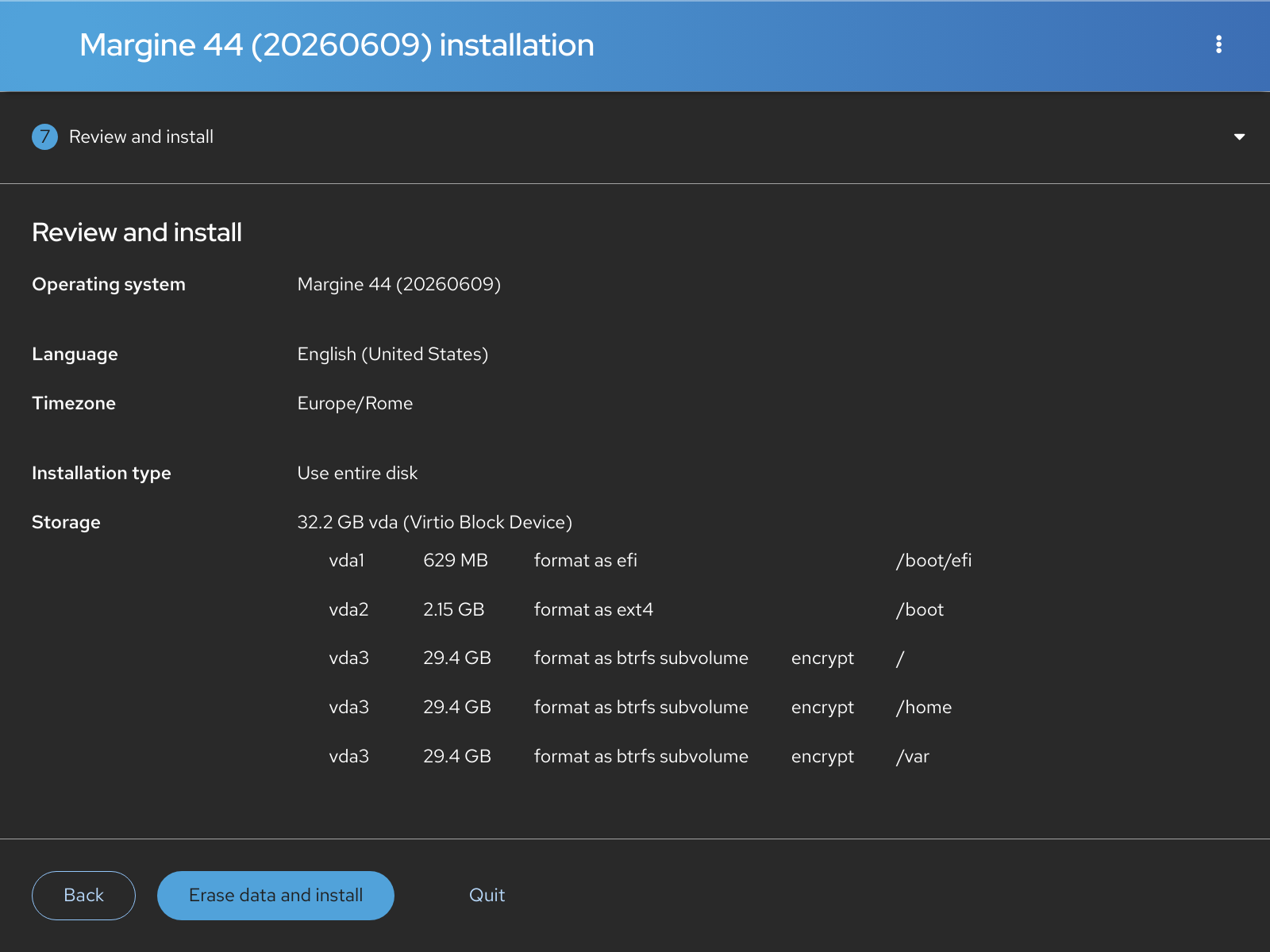 Anaconda Web UI review and install step with the partition layout