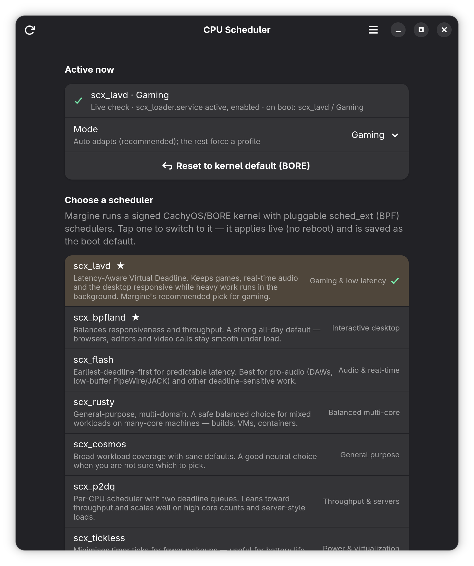 Margine CPU Scheduler app with scx_lavd selected