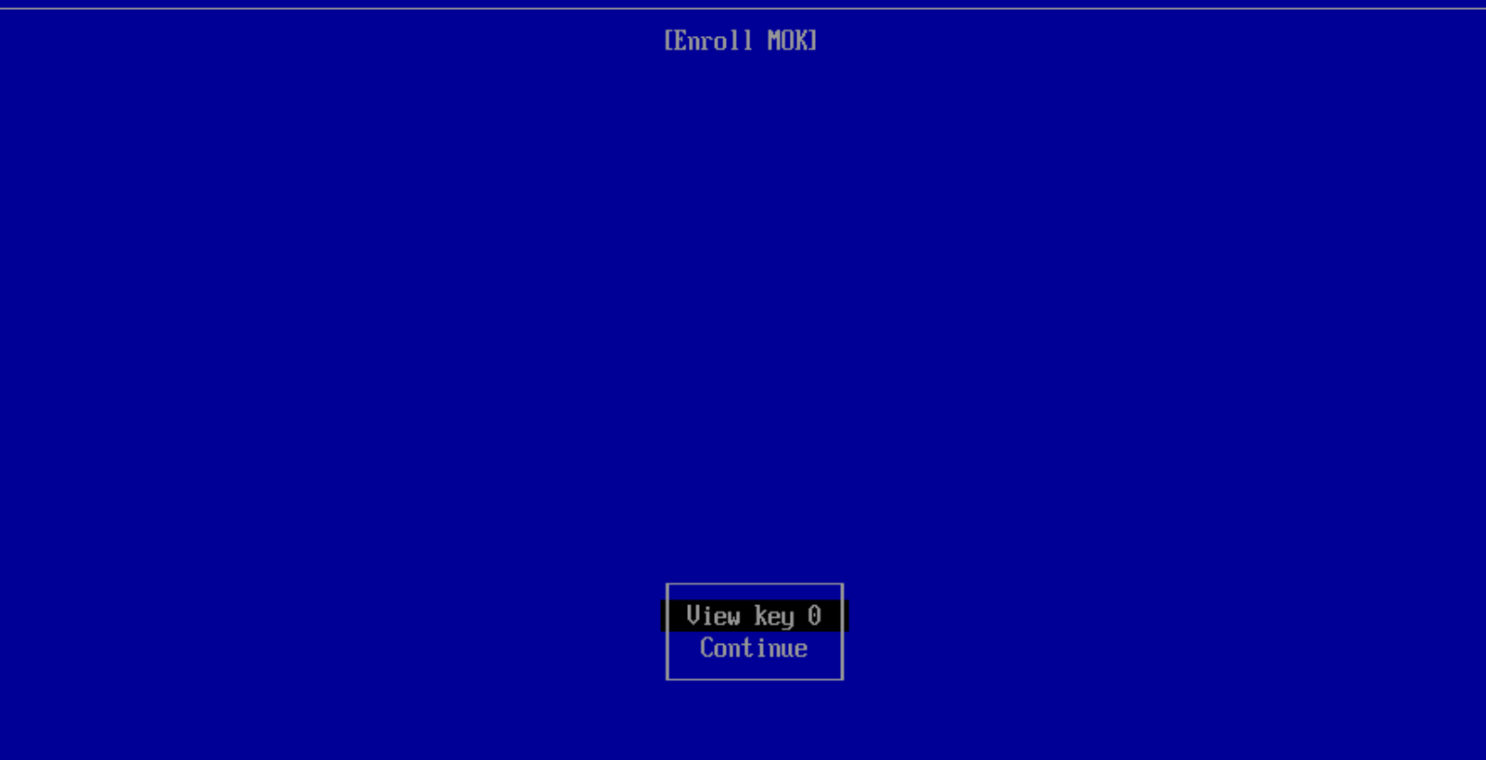 Enroll MOK prompt offering View key 0 / Continue