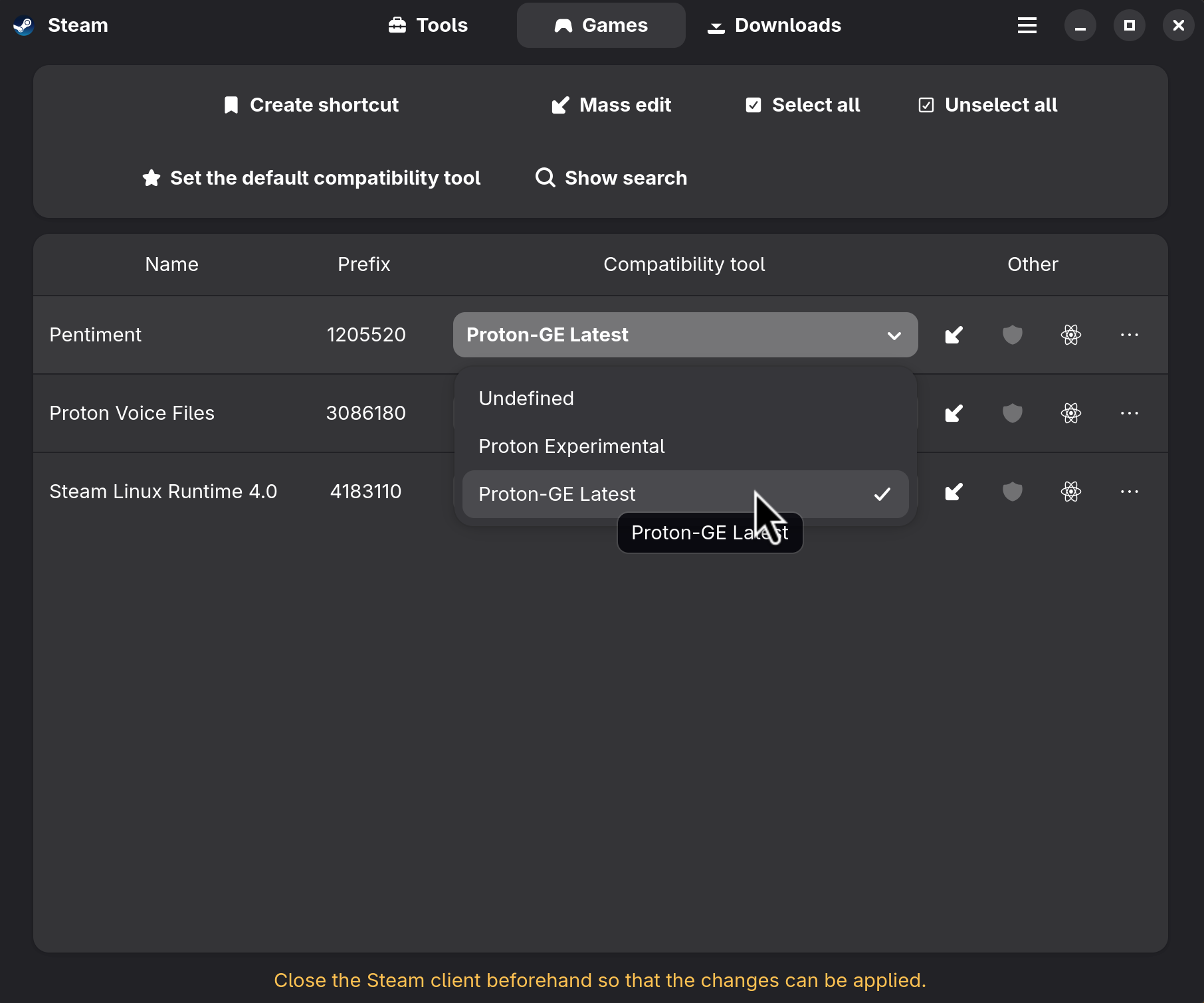 ProtonPlus Games tab setting a game's compatibility tool to Proton-GE Latest