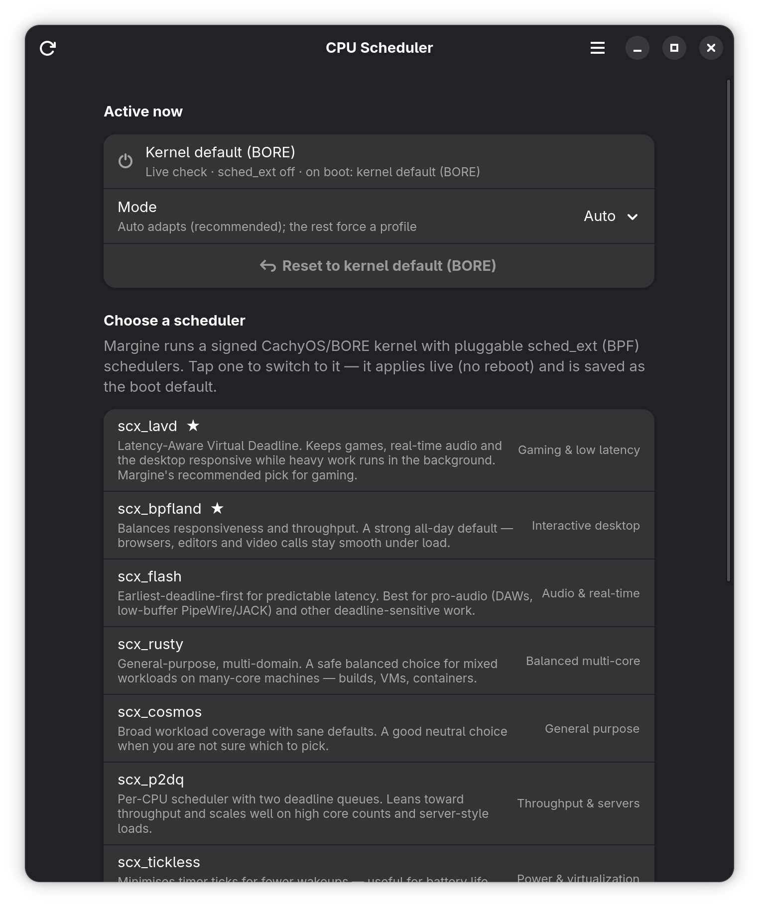 The Margine CPU Scheduler app listing the sched_ext schedulers