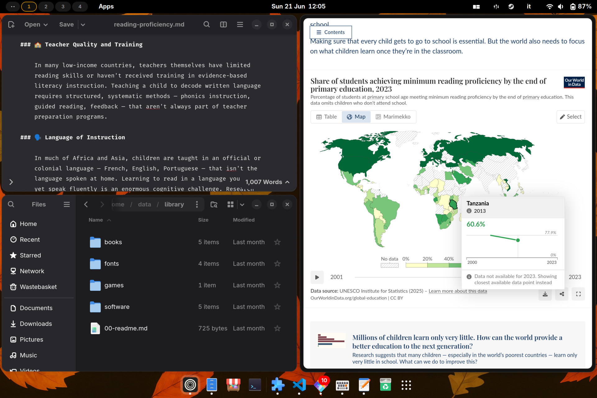 The Margine desktop with windows auto-tiled across the workspace by o-tiling
